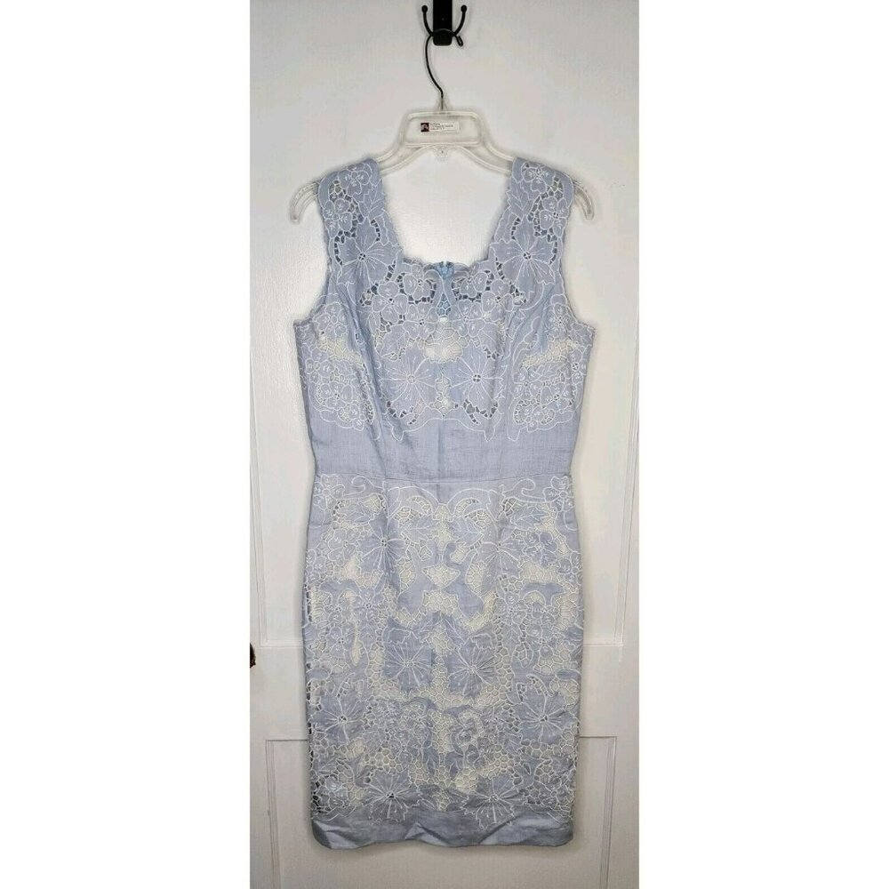 J. Peterman Dress Sheath Ice Blue 100% Linen Cutout Lace Floral Size 10